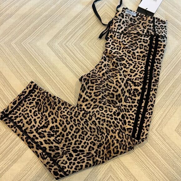 The Upside Women’s Leo NYC Pants Leopard Cropped Leggings, Side Stripe/Tie Waist - Picture 1 of 6